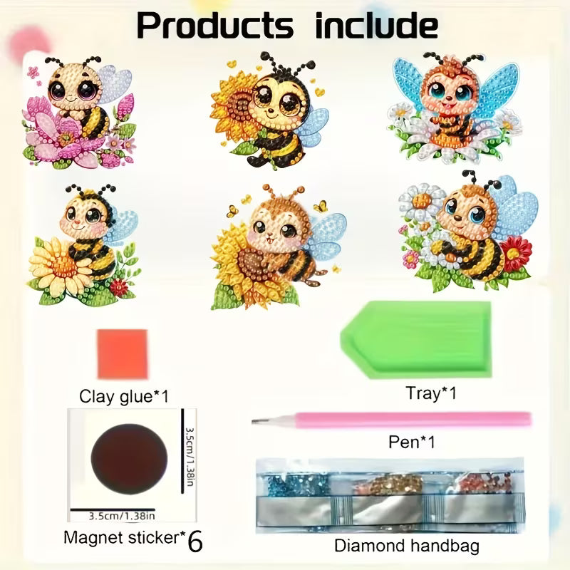 Set of cartoon bee-themed products including clay glue, tray, pen, magnet stickers, and diamond handbag on a light background.