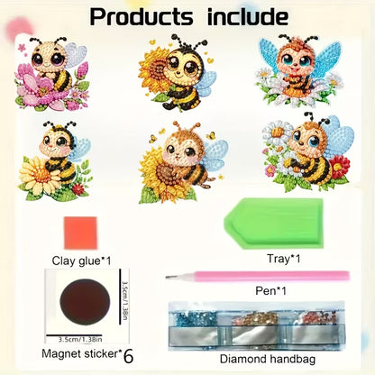Set of cartoon bee-themed products including clay glue, tray, pen, magnet stickers, and diamond handbag on a light background.