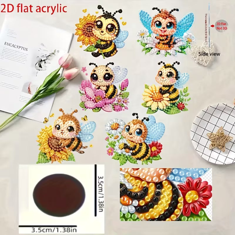 Colorful bee-themed 2D flat acrylic stickers on a white surface with a tulip and small dish.