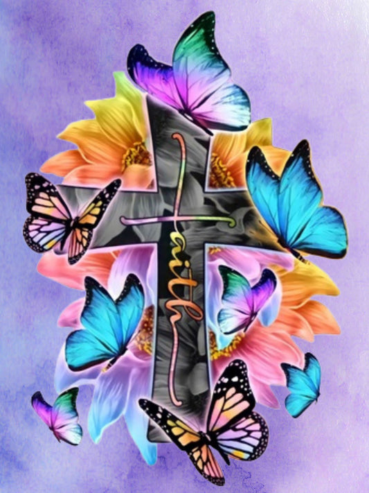 Butterfly Cross of Faith Diamond Painting Kit. A cross with the word 'faith' adorned with colorful butterflies and flowers against a purple background