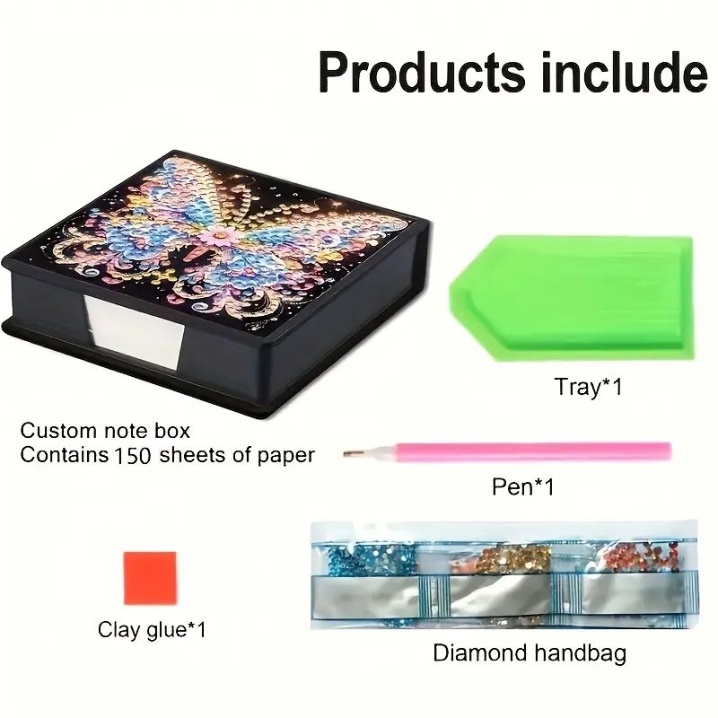 Product list with custom note box, tray, pen, clay glue, and diamond handbag on a white background.