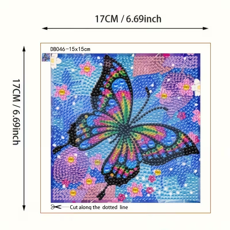 Colorful butterfly design with dimensions on a white background
