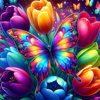 A vibrant diamond painting of a rainbow-colored butterfly resting on a bouquet of purple, yellow, and red tulips with a sparkling background.