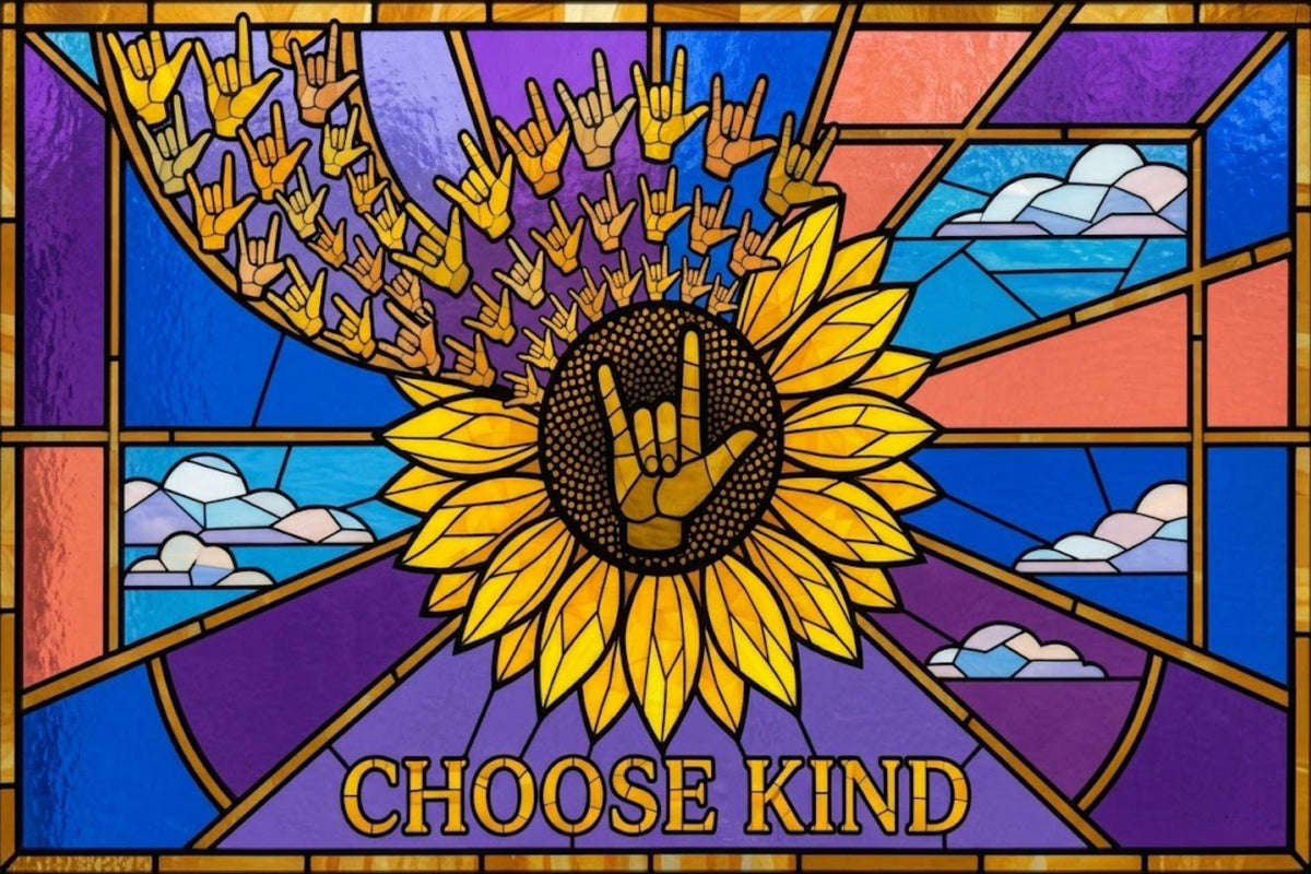 A stained-glass-style artwork with a large yellow sunflower in the center, a hand gesture at the flower's core, many similar hand gestures radiating upward, and the words 'CHOOSE KIND' at the bottom. The design uses blue, purple, orange, yellow, and white sections with gold outlines.