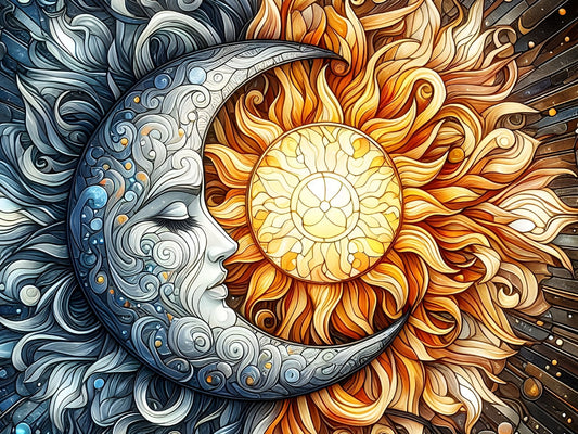 Artistic depiction of a sun and moon with faces, featuring intricate patterns and vibrant colors.