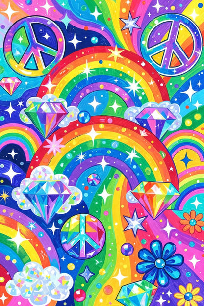 Colorful psychedelic design with rainbows, peace signs, and diamonds on a blue background.