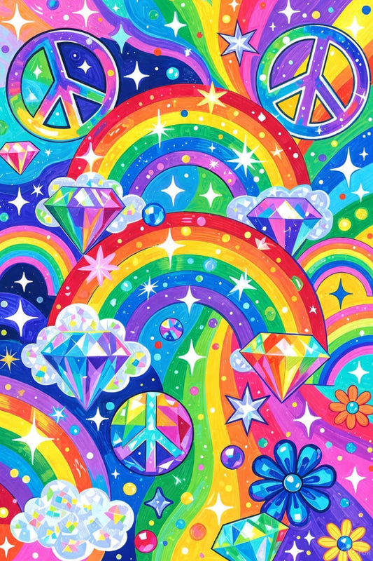 Colorful psychedelic design with rainbows, peace signs, and diamonds on a blue background.