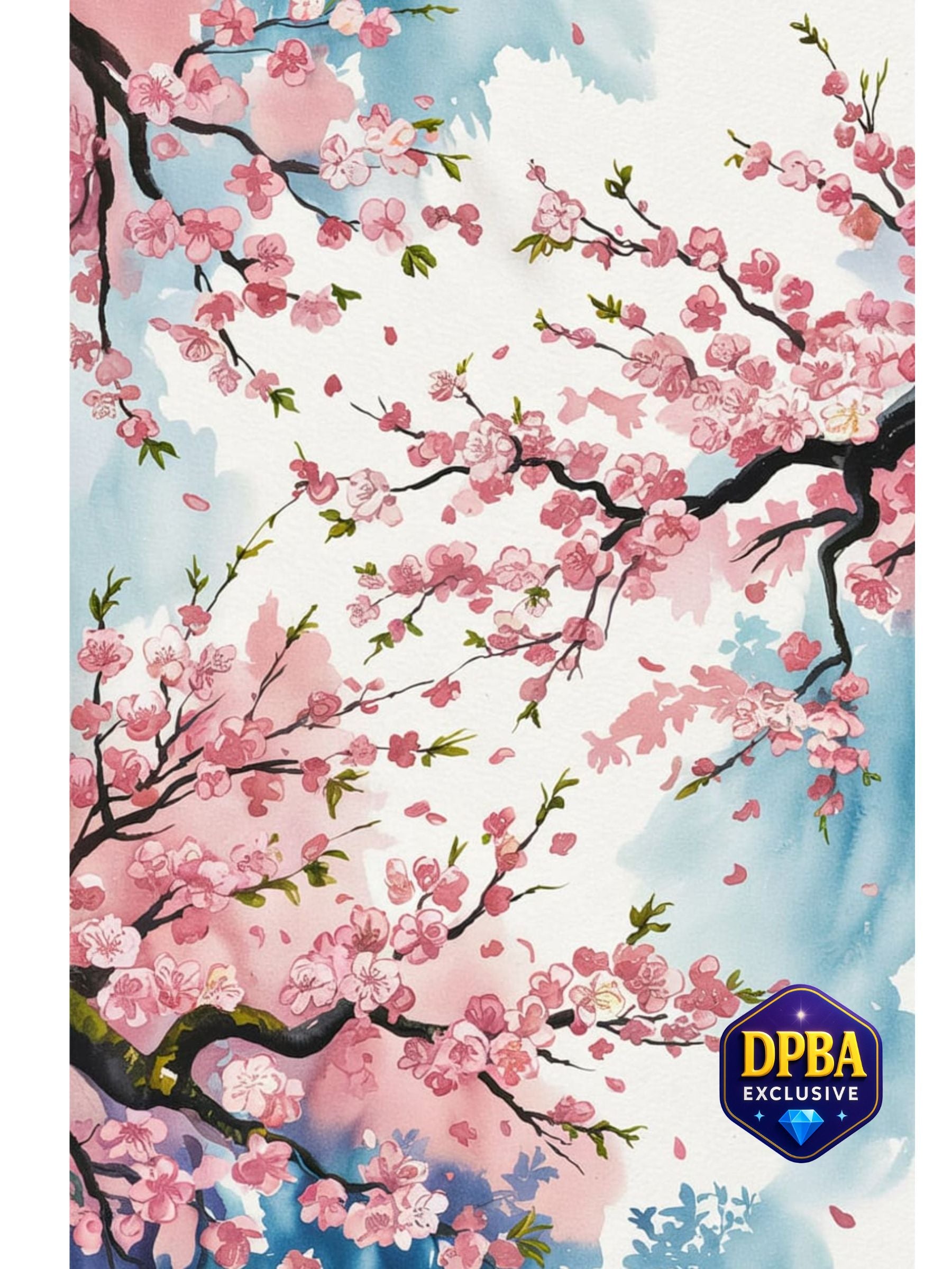 Cherry blossom tree branches with pink petals against a blue sky, DPBA exclusive