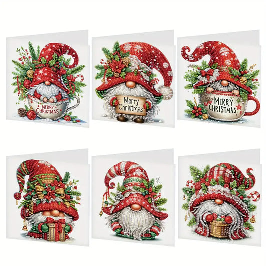 A set of six different completed Christmas gnome diamond painting cards showing various gnome designs, including gnomes in a mug, holding signs, and with gifts