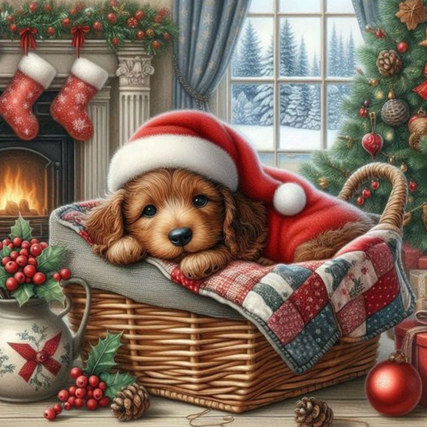 A 50x50cm diamond painting design of a cute puppy wearing a Santa hat inside a wicker basket next to a Christmas tree and a lit fireplace.