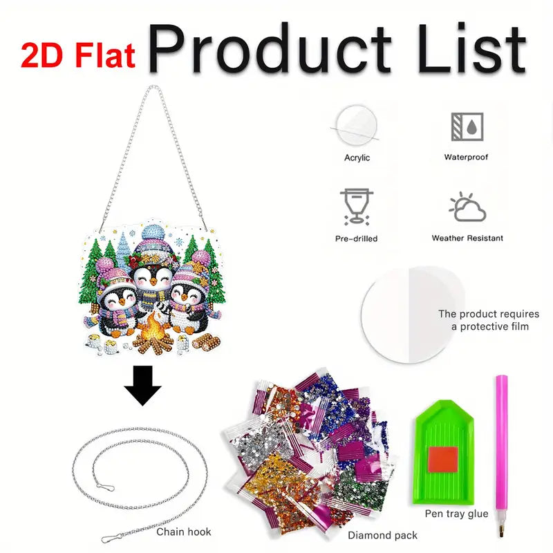 Product list for a decorative item with penguins, including chain hook, diamond pack, pen tray, and glue.