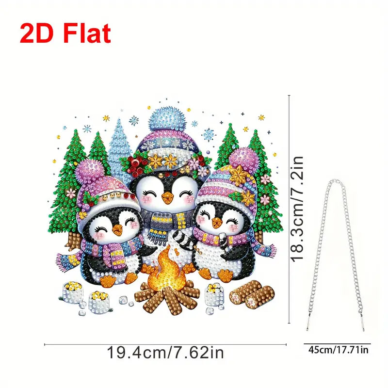 Decorative panel with penguins wearing winter hats and scarves around a campfire, with measurements indicated.