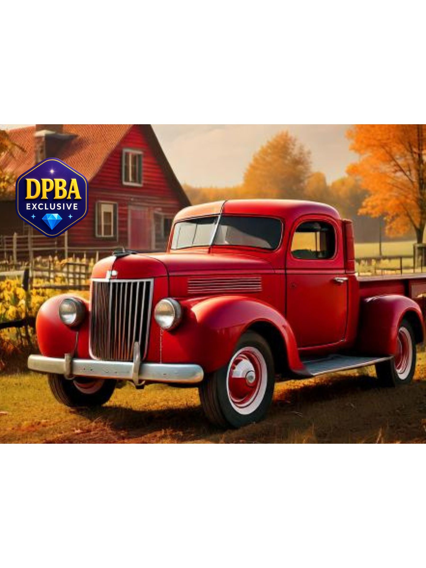 Classic red pickup truck diamond painting parked in front of a rustic red barn with autumn trees, DPBA exclusive