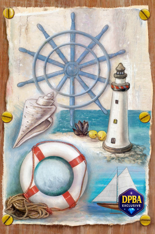 A nautical-themed art print featuring a blue ship's wheel, white lighthouse, seashell, life buoy, rope, and a small sailboat on a textured parchment background, displayed on a wooden surface with gold pins.
