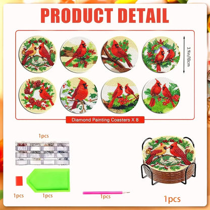 Set of diamond painting coasters with cardinals on a product detail card.