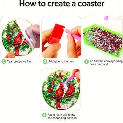 Step-by-step guide on creating a diamond painting coaster with red cardinals.