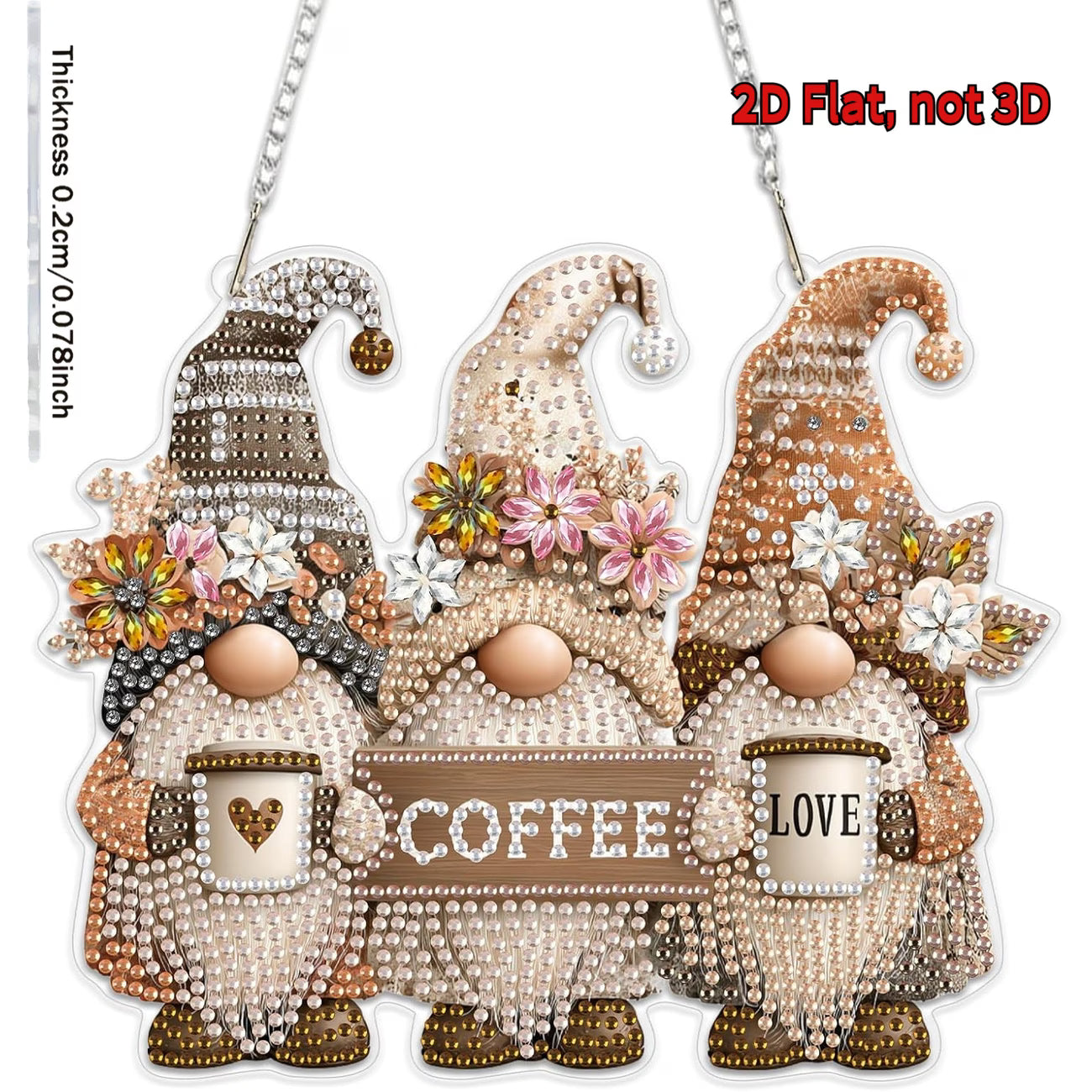 Three decorative gnomes with 'Coffee' and 'Love' signs, embellished with rhinestones on a white background.