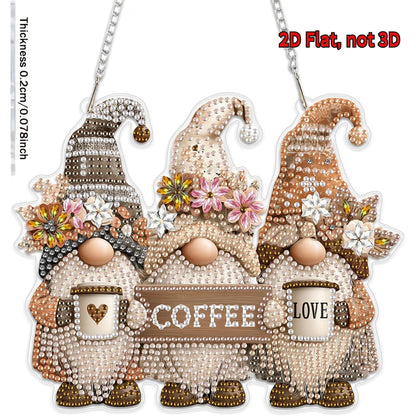 Three decorative gnomes with 'Coffee' and 'Love' signs, embellished with rhinestones on a white background.