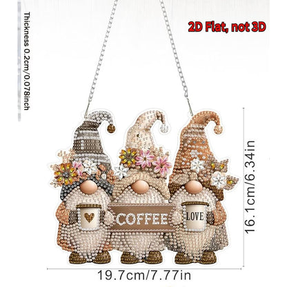 Decorative gnomes with 'COFFEE' and 'LOVE' signs, hanging from a chain, with measurements on a white background.