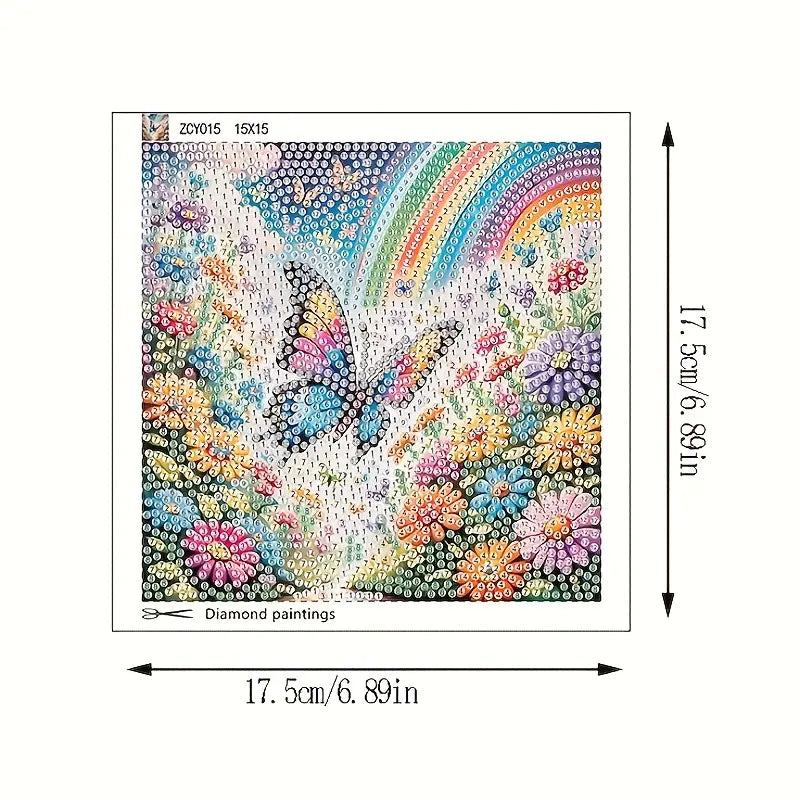 Colorful diamond painting with a rainbow and flowers, shown with dimensions.