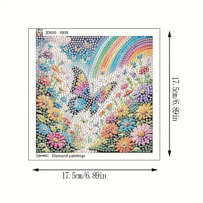 Colorful diamond painting with a rainbow and flowers, shown with dimensions.