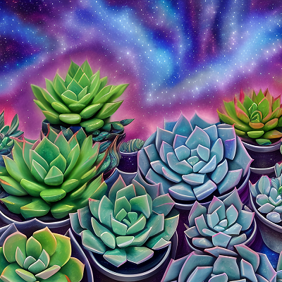 Cosmic Succulent Garden Diamond Painting Kit. Succulent plants in pots with a vibrant blue and purple starry galaxy background