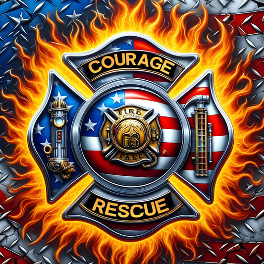 Firefighter badge with 'COURAGE' and 'RESCUE' text, surrounded by flames and American flag elements.