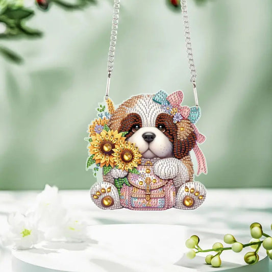 Crystal Canine Sparkle Hanger Diamond Painting Kit. A sparkling puppy dog design on an acrylic hanger, with a bow, bag, sunflowers, and crystal rhinestones
