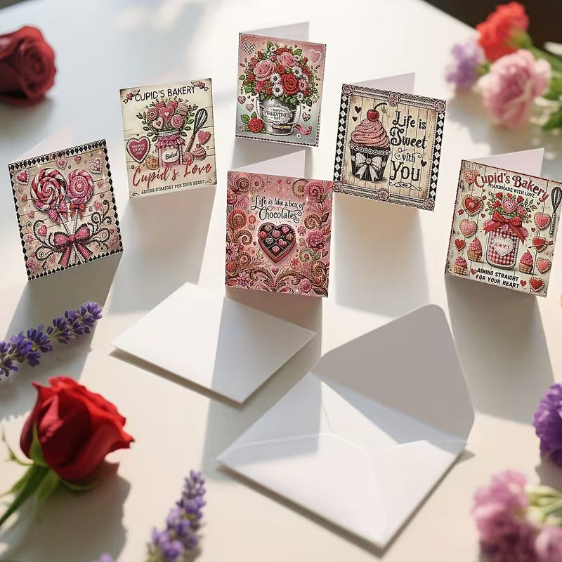 Collection of Valentine's Day cards with floral designs on a white surface with flowers around.