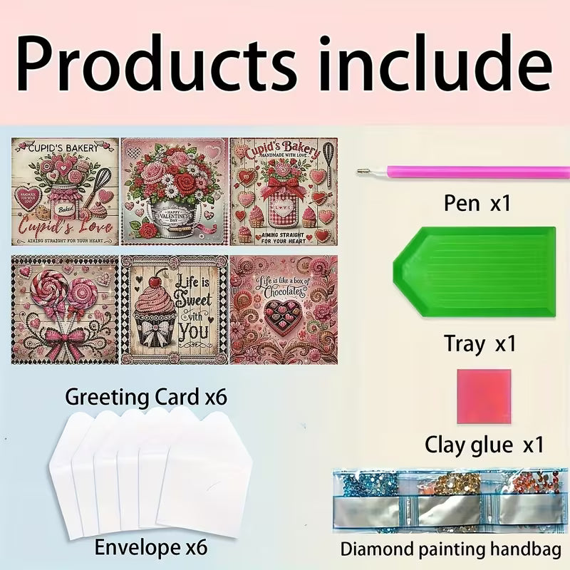 Collection of products including greeting cards, a pen, tray, clay glue, envelopes, and a diamond painting handbag on a pink background.