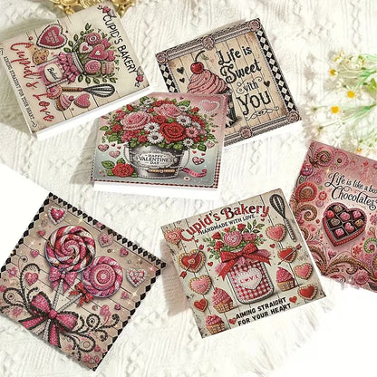 Collection of Valentine's Day-themed coasters on a textured surface.