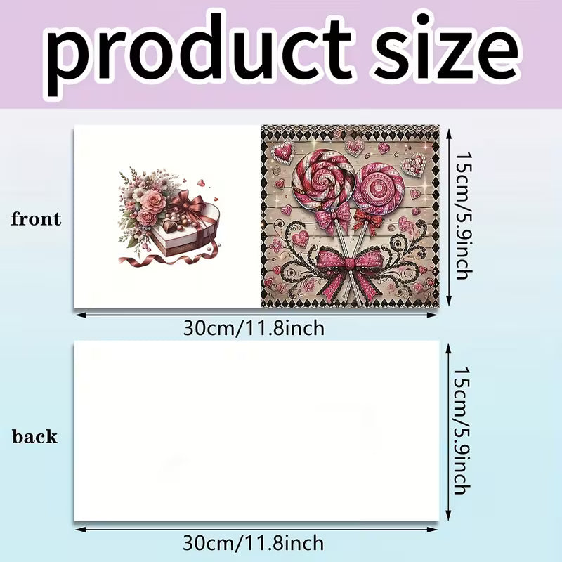 Product size chart with front and back views of a decorative item, showing dimensions.