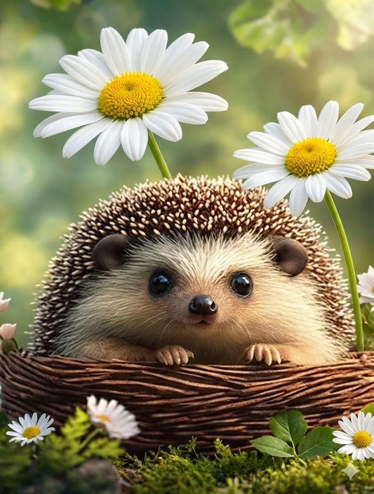 Hedgehog in a basket with daisies on a green background