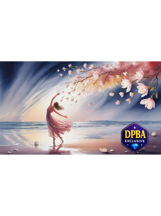 Woman dancing on beach under cherry blossoms at sunset, serene DPBA exclusive art.
