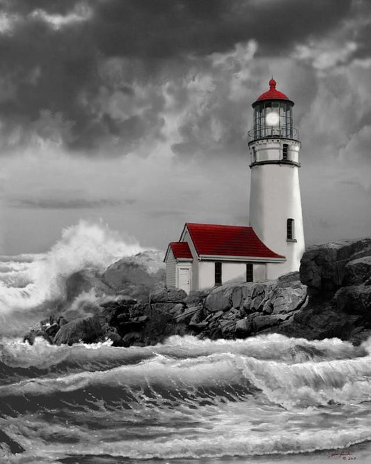 A diamond painting canvas design featuring a white lighthouse with a red roof on a rocky cliff, surrounded by stormy ocean waves under a dramatic dark sky.