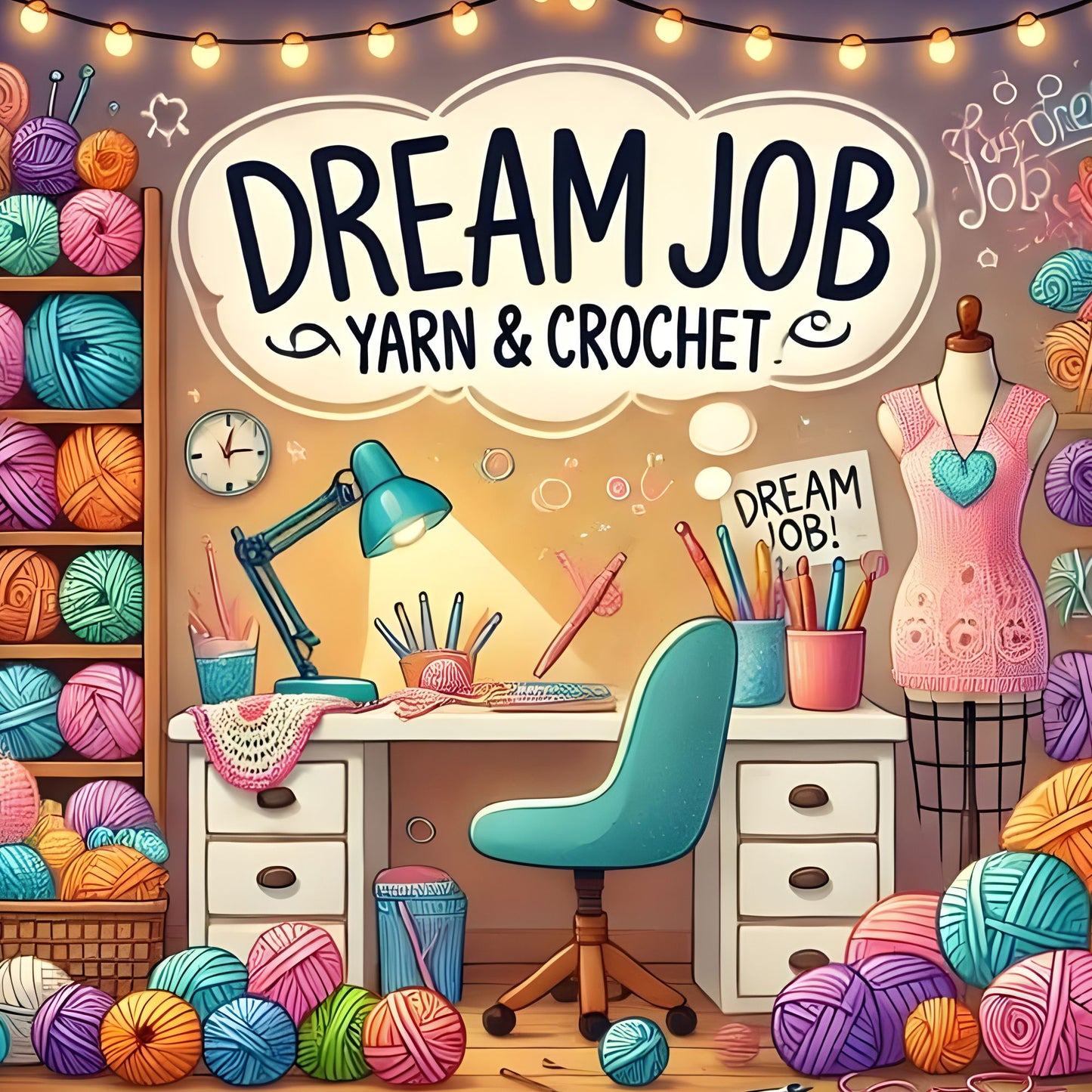 Dream Job Yarn & Crochet store interior with colorful yarn balls, a desk, and mannequin.