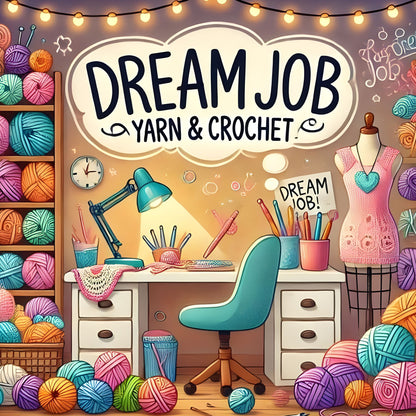 Dream Job Yarn & Crochet store interior with colorful yarn balls, a desk, and mannequin.