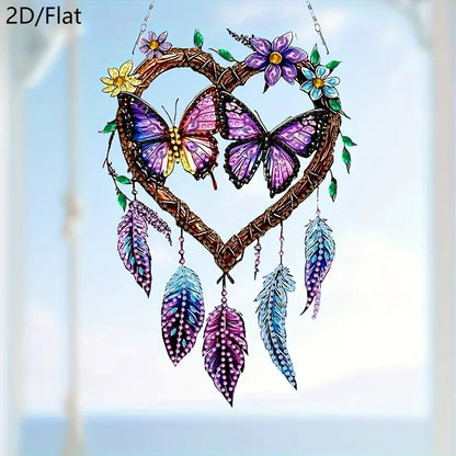 Decorative wall art with butterflies, flowers, and feathers on a heart-shaped frame.