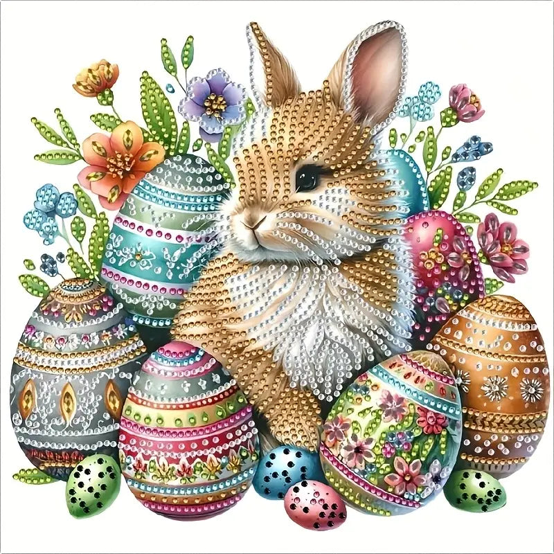 Decorative diamond painting of a rabbit with Easter eggs and flowers