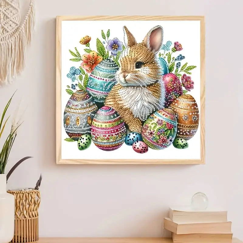 Framed artwork of a rabbit with Easter eggs and flowers on a wall.