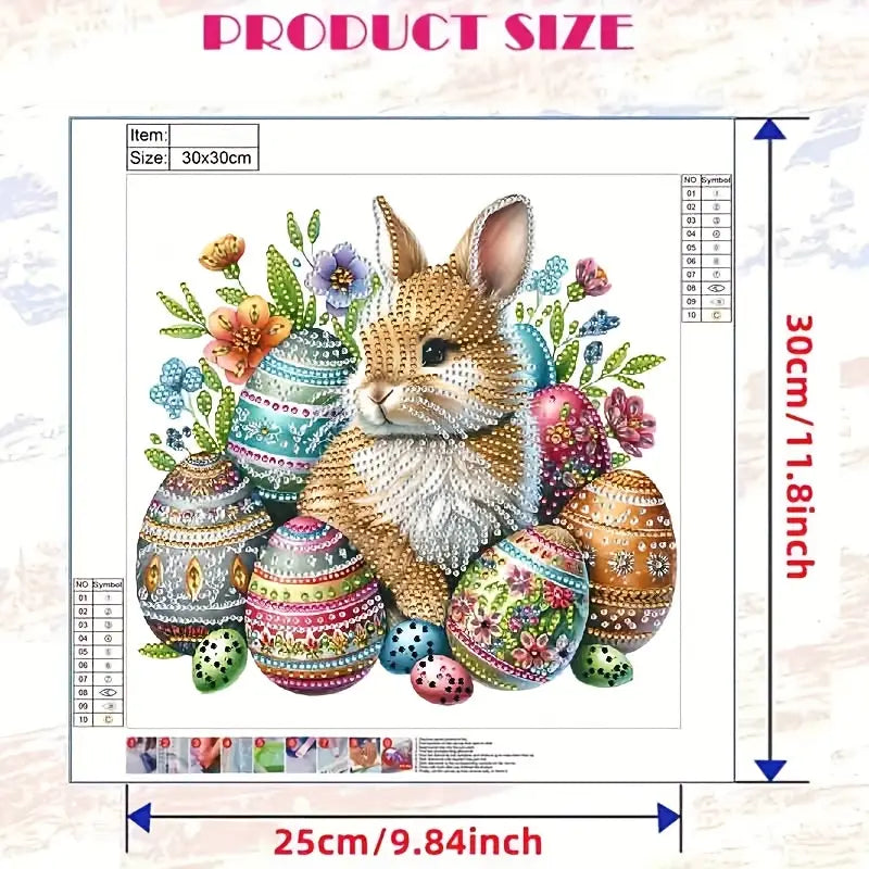 Product size chart for a diamond painting kit with a bunny and Easter eggs design.