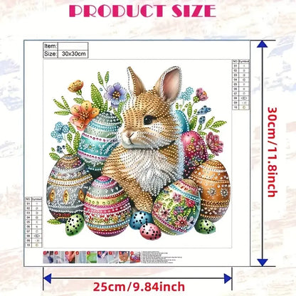 Product size chart for a diamond painting kit with a bunny and Easter eggs design.