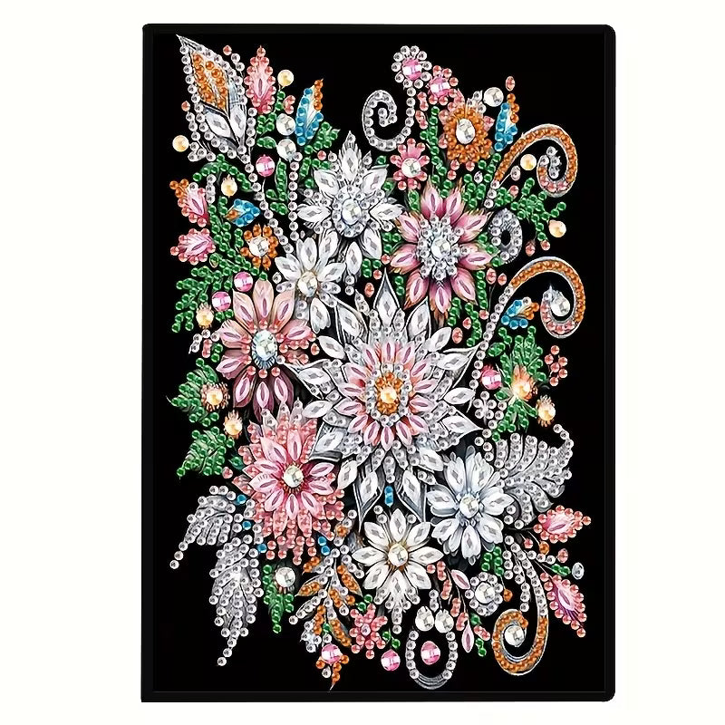 A rectangular black plaque or frame featuring a highly detailed, colorful floral and ornamental design with sparkling gem-like motifs in pink, white, green, blue, orange, and silver tones.