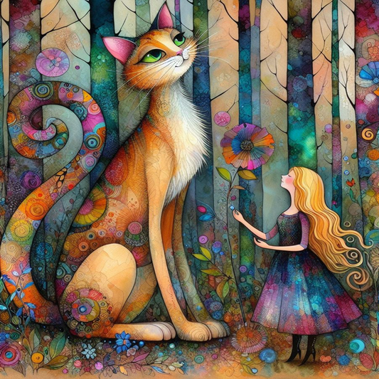 Colorful illustration of a cat and a girl in a forest setting with abstract patterns.