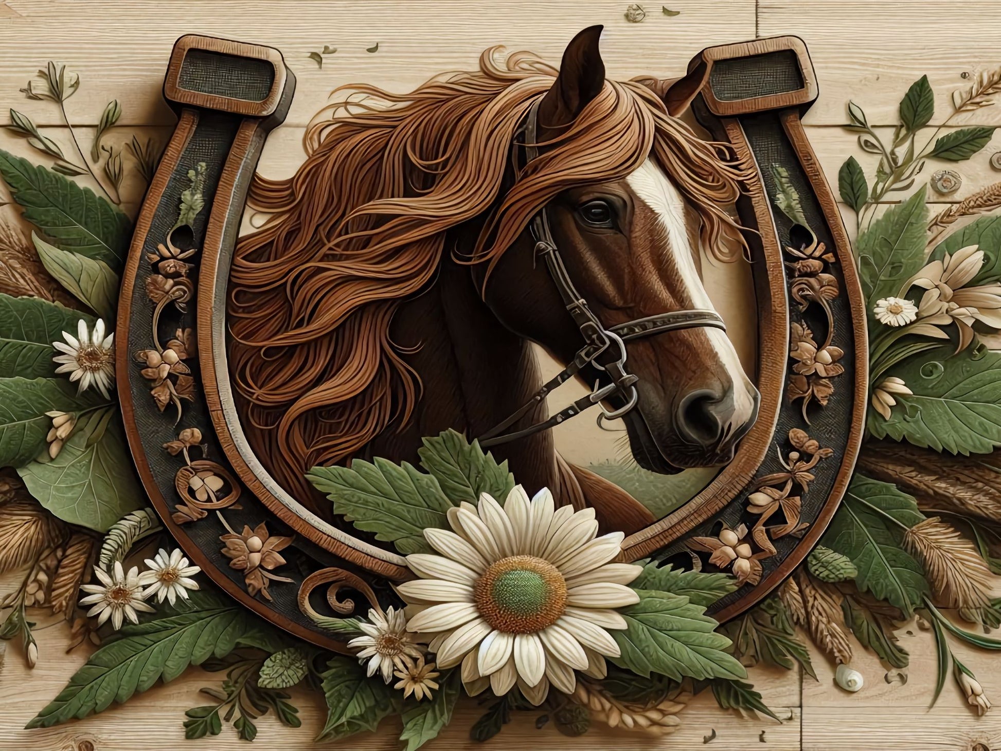 Brown horse head with a horseshoe surrounding adorn with flowers and foliage