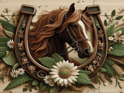 Brown horse head with a horseshoe surrounding adorn with flowers and foliage