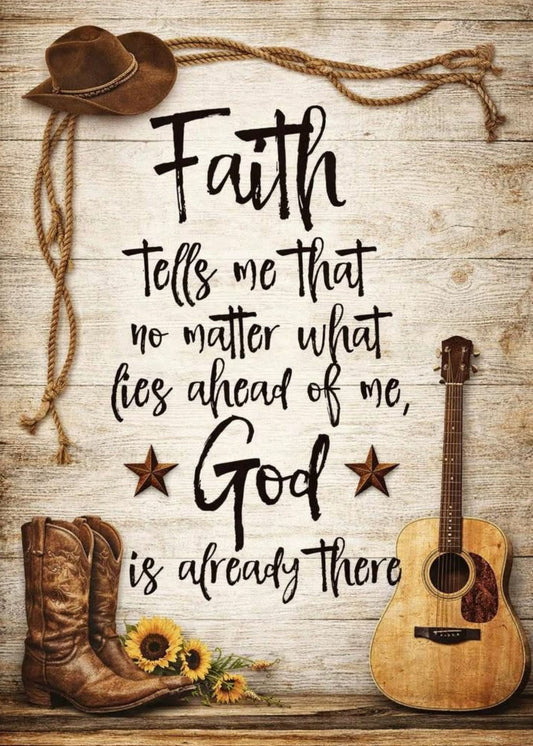 Decorative poster with cowboy hat, boots, guitar, sunflowers, and motivational quote on a wooden background.