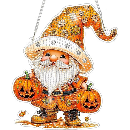 Decorative Halloween gnome with pumpkins and a sparkling hat on a white background