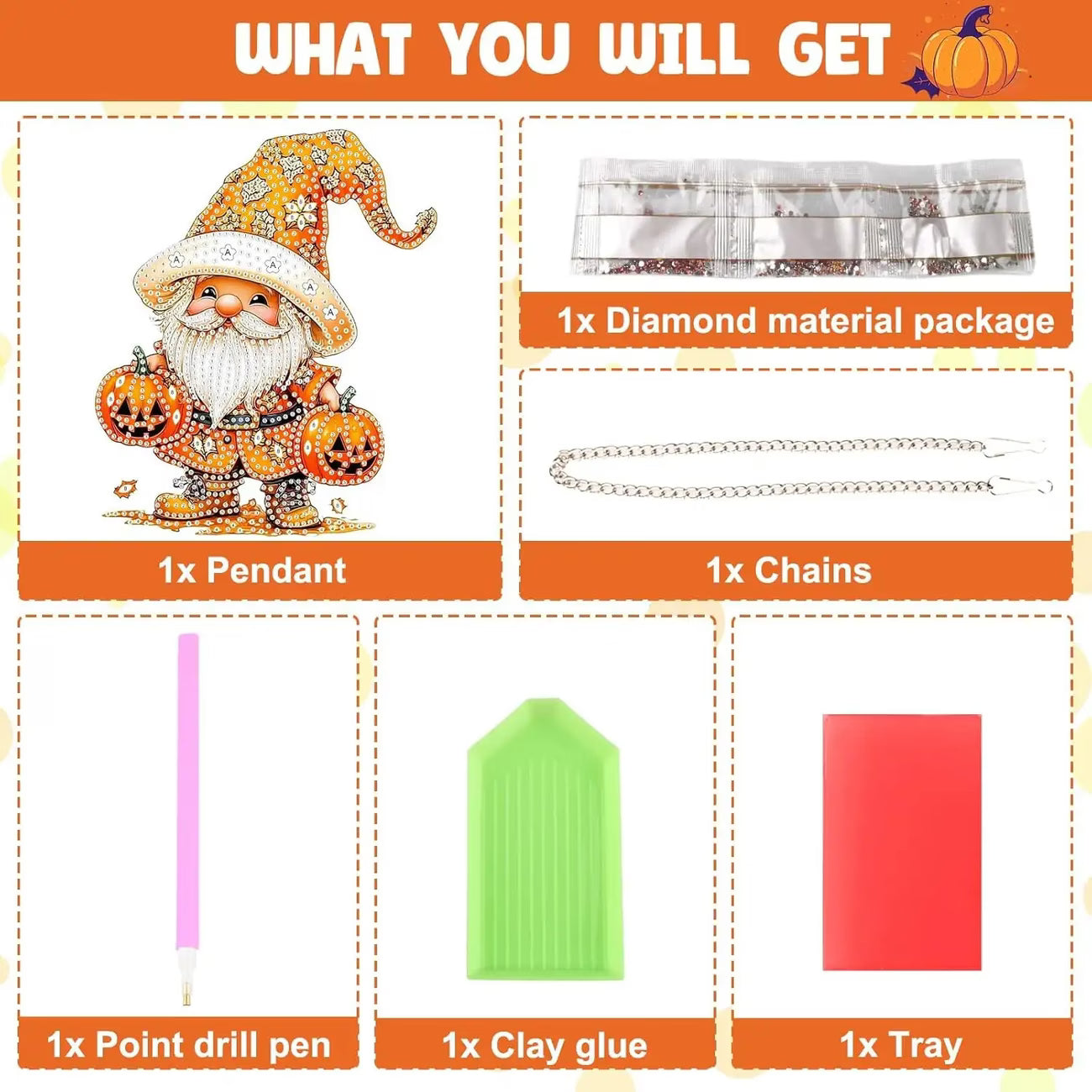 Product bundle with diamond material package, pendant, chains, point drill pen, clay glue, and tray on an orange background.