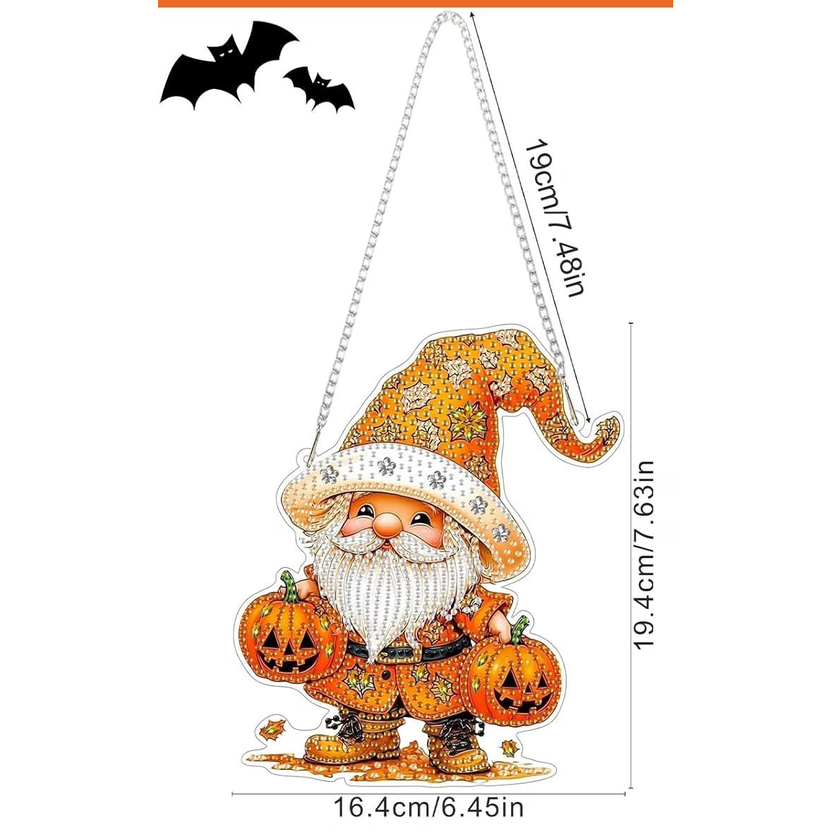 Halloween-themed gnome decoration with pumpkins, bats, and measurements on a white background.